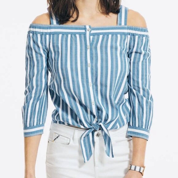 Nautical Blue & White Off Shoulder Button Up Long Sleeve Top dinner date summer - Picture 1 of 9